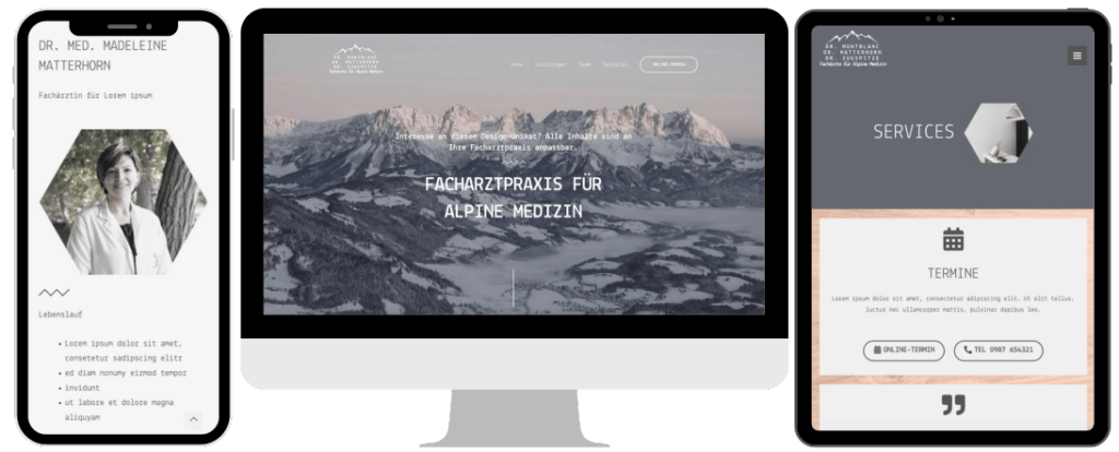 Website Arztpraxis Design Alpen in 3 Geräten dargestellt.