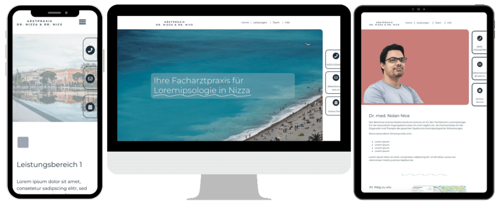 Website Arztpraxis Design Nizza in 3 Geräten dargestellt.